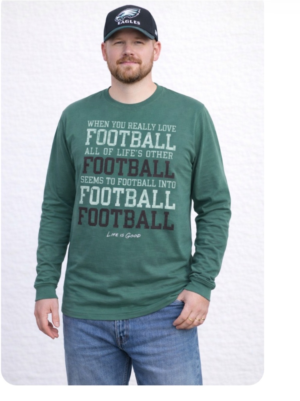 Life Is Good Football Long Sleeve Tee XL Green 100% Cotton Graphic Shirt NWT